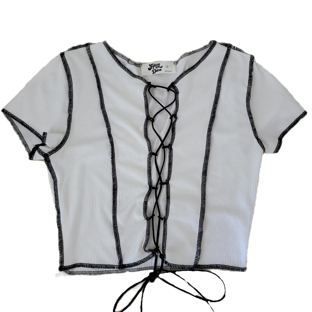 Happy Daze Ribbed Laced Black & White Crop Top